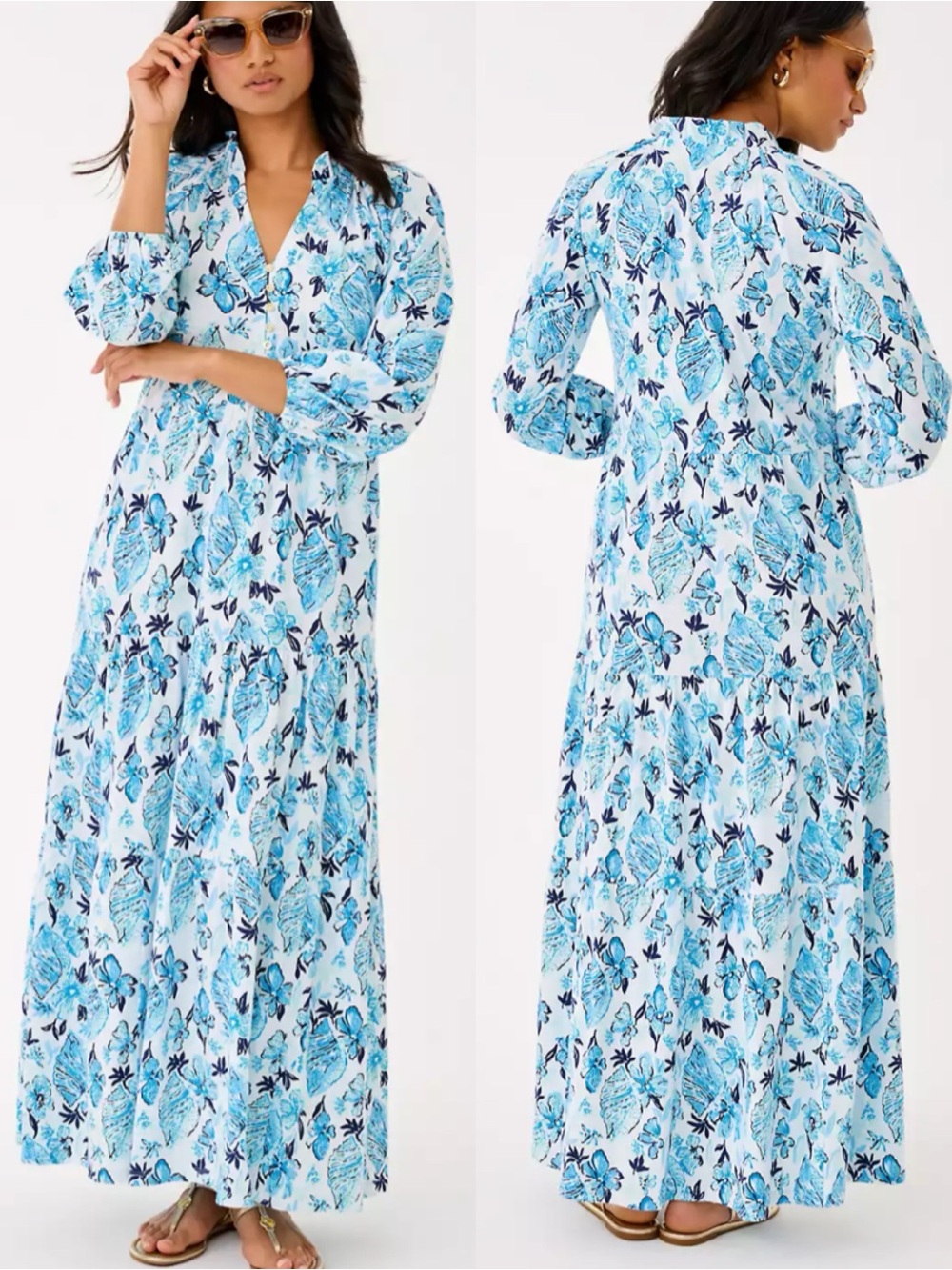 Sz L NWT Lilly Pulitzer Malone 3/4 Sleeve Maxi Dress White Seashell Splendor